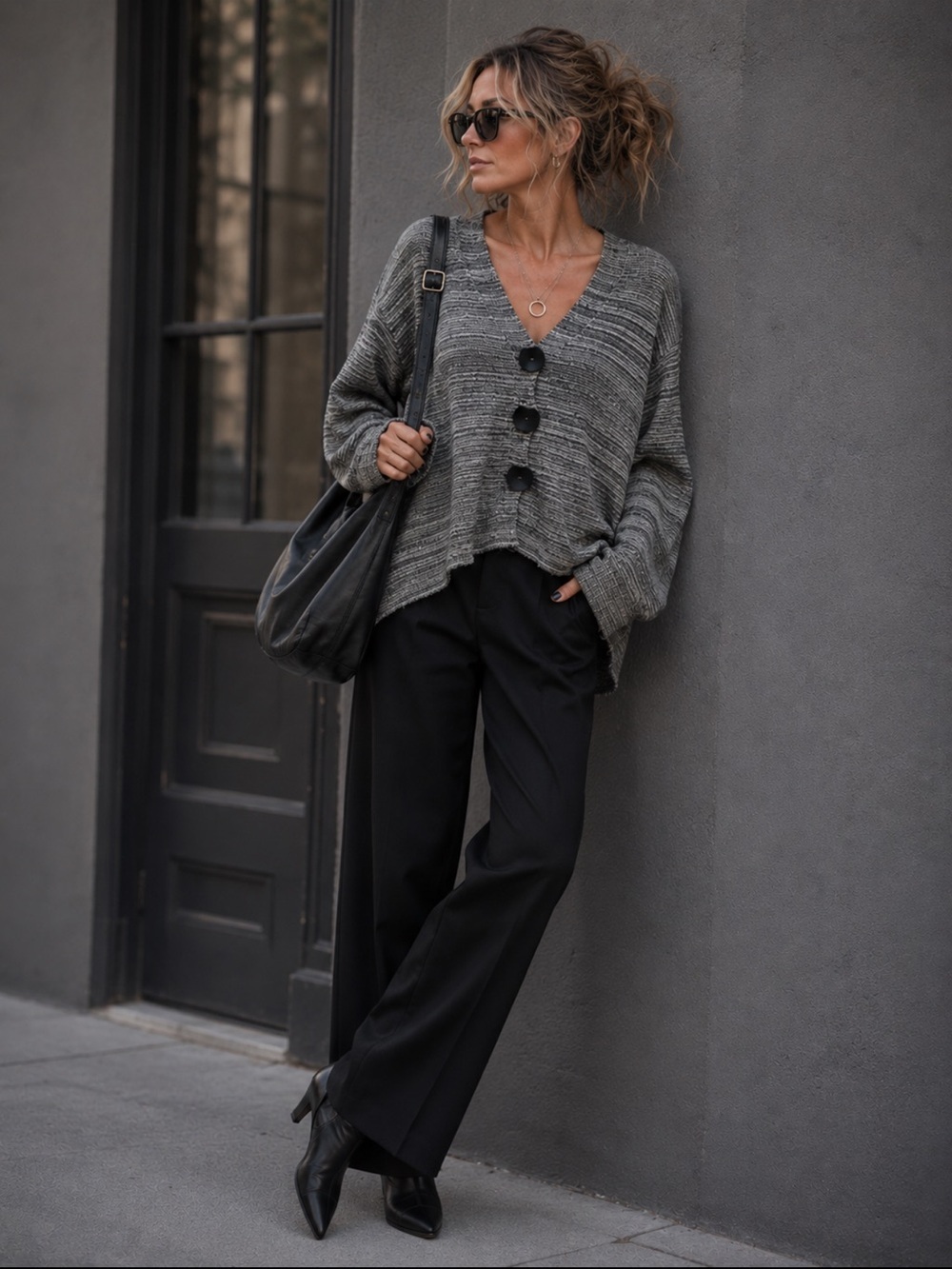Willow - gray, black and oat knit - unique large buttons - cardigan- size S